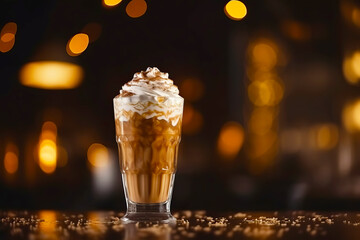 Wall Mural - Iced caramel latte coffee in a tall glass with whipped cream. Generative AI illustration