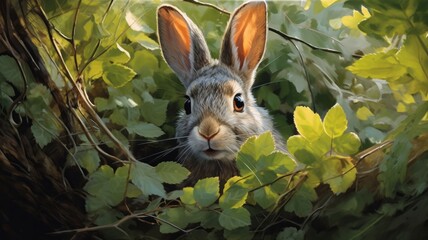 Poster - Shy rabbit peeks out from under a bush, its twitching nose sniffing the scents of the forest. Generative AI