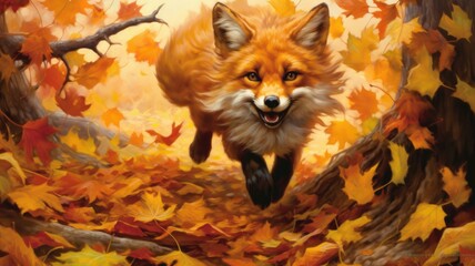 Wall Mural - Sprightly fox pounces through a bed of fallen leaves, leaving a trail of autumn magic. Generative AI