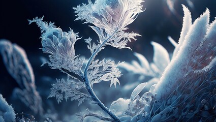 Poster - Hoarfrost formed on a plant on a dark background