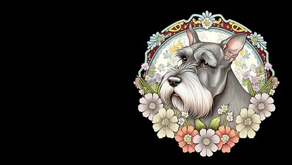 Illustration of a cute schnauzer dog in a floral circular frame on a black background