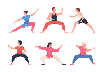 Wall Mural - People Character Practicing Tai Chi and Qigong Exercise as Internal Chinese Martial Art Vector Illustration Set