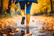 © julijadmi - Woman wearing rain rubber boots walking running and jumping into puddle with water splash and drops. Generative AI.