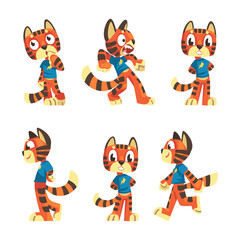 Sticker - Striped Tiger Character in Blue Shirt with Orange Fur Vector Set