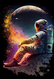 Fototapeta Fototapety kosmos - Astronaut Sitting on a Planet Outer Space, Cosmonaut Relaxing on the Moon Fantasy Illustration, Generative AI