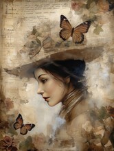 Vintage Portrait Of Woman With Butterflies