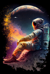 astronaut sitting on a planet outer space, cosmonaut relaxing on the moon fantasy illustration, gene