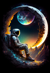 Wall Mural - Astronaut Sitting on a Planet Outer Space, Cosmonaut Relaxing on the Moon Fantasy Illustration, Generative AI