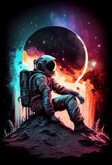 Wall Mural - Astronaut Sitting on a Planet Outer Space, Cosmonaut Relaxing on the Moon Fantasy Illustration, Generative AI