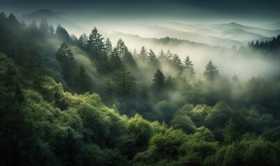 Sticker -  a forest filled with lots of trees covered in fog and mist covered mountains in the distance with low lying clouds in the sky above the trees.  generative ai