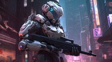 Illustrate A Rugged Cybernetic Mercenary Equipped With Advanced Weaponry, Augmented Limbs, And A Sleek Exosuit, Ready For A High Risk Mission In A Cyberpunk City