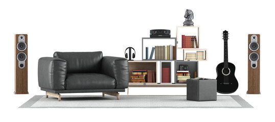 Poster - Furniture set of a room for listening to music with black armchair and bookshelf isolated on white background 3d - rendering