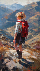Wall Mural - a modern hiking woman in the alps, oil painting artwork, ai generated image