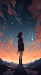 Wall Mural - a lonely girl in the universe, falling stars wallpaper, ai generated image