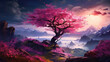 a wonderful giant cherry tree in the mountains, anime wallpaper, ai generated image