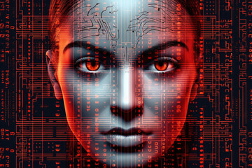 Wall Mural - digital hologram of female face looking from futuristic screen. interaction with artificial intellig
