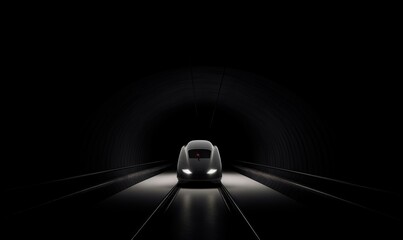 Poster -  a train traveling through a dark tunnel with lights at the end of it's tunnel, in the middle of the picture is a dark tunnel.  generative ai