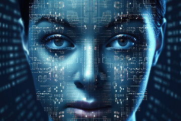 Wall Mural - digital hologram of female face looking from futuristic screen. interaction with artificial intellig