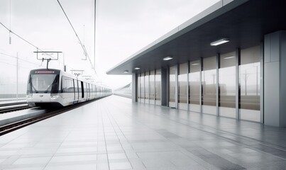 Canvas Print -  a train traveling down train tracks next to a train station next to a building with glass doors on the side of the tracks and a train on the track.  generative ai