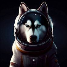 Portrait Of A Black And White Husky In Astronaut Suit