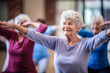 © Sunshower Shots - Elderly senior women in stretching exercise yoga class, indoor. Generative AI