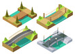 Bridge isometric set. 3d isolated drawing elements of modern urban infrastructure for games or applications. Bridge across the river with grass and tree, isometric icon. Element infographic