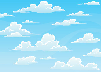 cloudscape sky cartoon background. light blue daytime sky with white fluffy clouds. heaven with brig