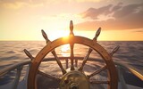 Helm of a vintage sailing ship with view of a horizon at sunset. Generative Ai illustration