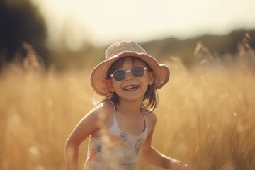 Wall Mural - a little girl wearing a hat and sunglasses in a field, generative AI