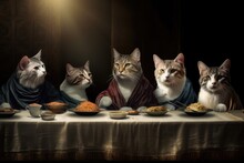 Last Supper Scene With Cats. Funny Scene With Cats Gathered Around Dining Table.	