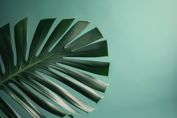 Wall Mural - a close up of a green leaf on a blue background, generative AI