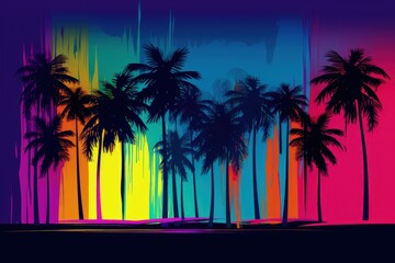 Wall Mural - a painting of palm trees against a multicolored sky, generative AI