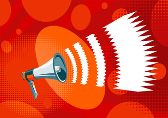 Loudspeaker megaphone with abstract clorful geometric background.  vintage poster with retro symbol speaker