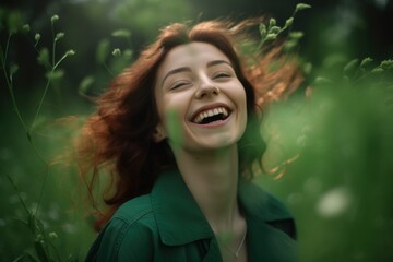 Wall Mural - a woman laughing in a field of grass, generative AI