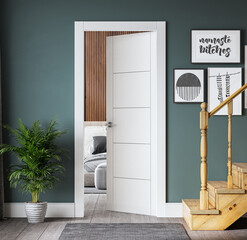 Wall Mural - Modern living room  with door ,a staircase  beside the door entrance with bedroom, with indoor plant ,white door with blue wall , photo frame on the wall, and  carpet on  wooden floor 