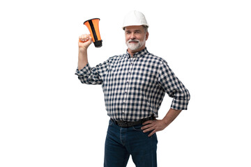 Wall Mural - Builder shouts into megaphone. Mature man builder is holding megaphone. Blank for your building advertising. Copy space on gray. Message from construction company concept