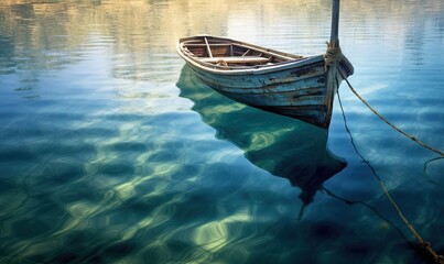 Sticker -  a small boat floating on top of a lake next to a shore covered in green grass and a forest in the distance with a blue sky.  generative ai