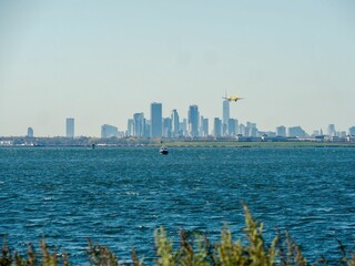 Beautiful shot of a lake during the day and the view of a city