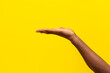 hand of african american man holds blank on yellow isolated background, guy asks and holds empty palm