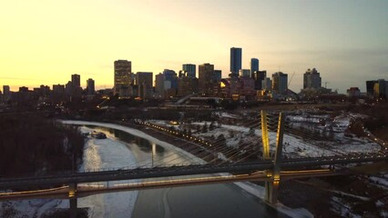 Canvas Print - Aerial view of the Tawatina Bridge over the North Saskatchewan River in the evening in Canada