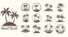 Summer Beach Island With Palm Trees In The Ocean. Vector Emblem Of Travel, Holiday, Resort. Vector Logo Collection.