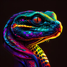 Snake Reptile In Abstract, Graphic Highlighters Lines Rainbow Ultra-bright Neon Artistic Portrait, Commercial, Editorial Advertisement, Surreal Surrealism. Isolated On Dark Background.