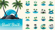 Summer beach island with palm trees in the ocean. Vector emblem of travel, holiday, resort. Vector Logo collection.