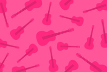 Modern Pattern With Guitars. Randomly Scattered Pink Guitars On A Pink Background	