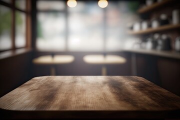 Poster - Wooden Table Placed in Front of a Window with Natural Light. Generative AI