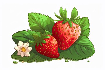 two fresh strawberries and a blooming flower on a clean white background. Generative AI