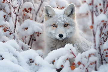 Wall Mural - A close up of a white fox in the snow. Generative AI.