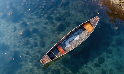 Poster -  a boat floating on top of a body of water next to a rocky shore and a stone wall on the other side of the water.  generative ai