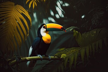 Poster - colorful toucan perched on a lush green branch in the jungle. Generative AI