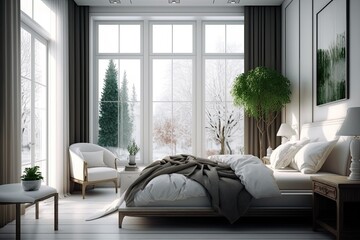 Wall Mural - modern bedroom with a large window and a comfy bed. Generative AI